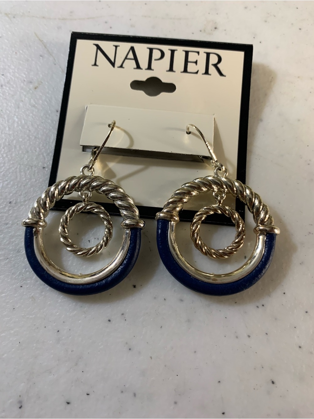 Napier Silver-Tone Rope Hoop Earrings with Navy Accents